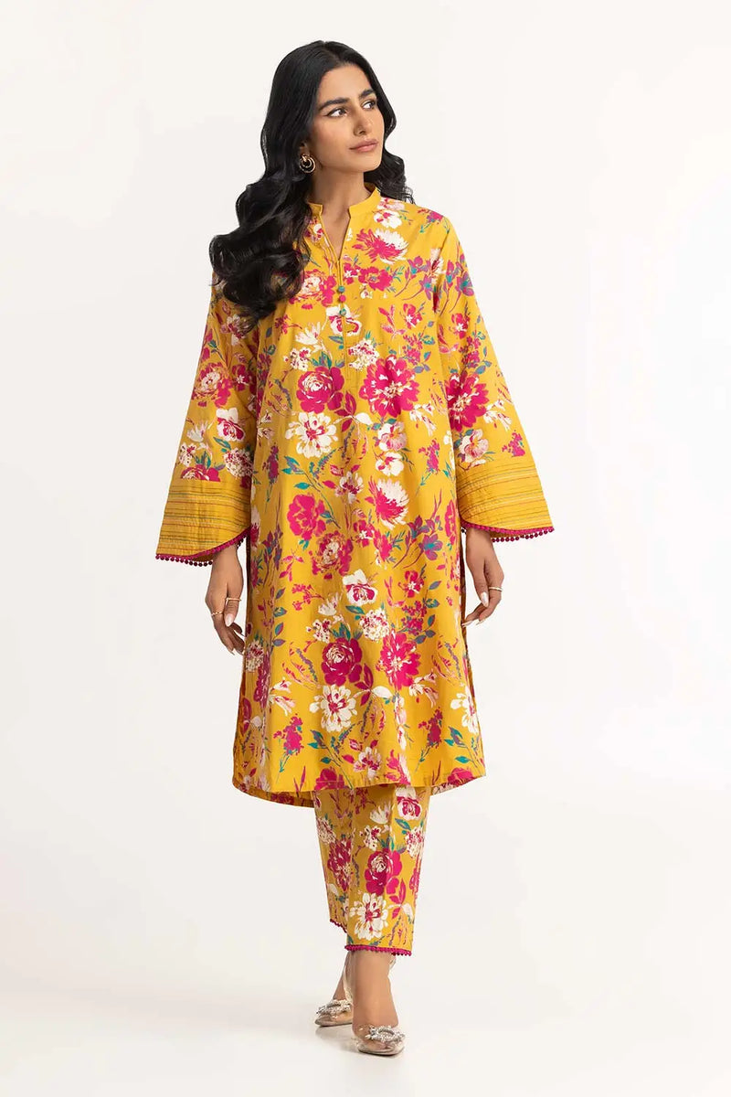 IDEAS Dyed Cambric Screen Print Kurti With Trouser